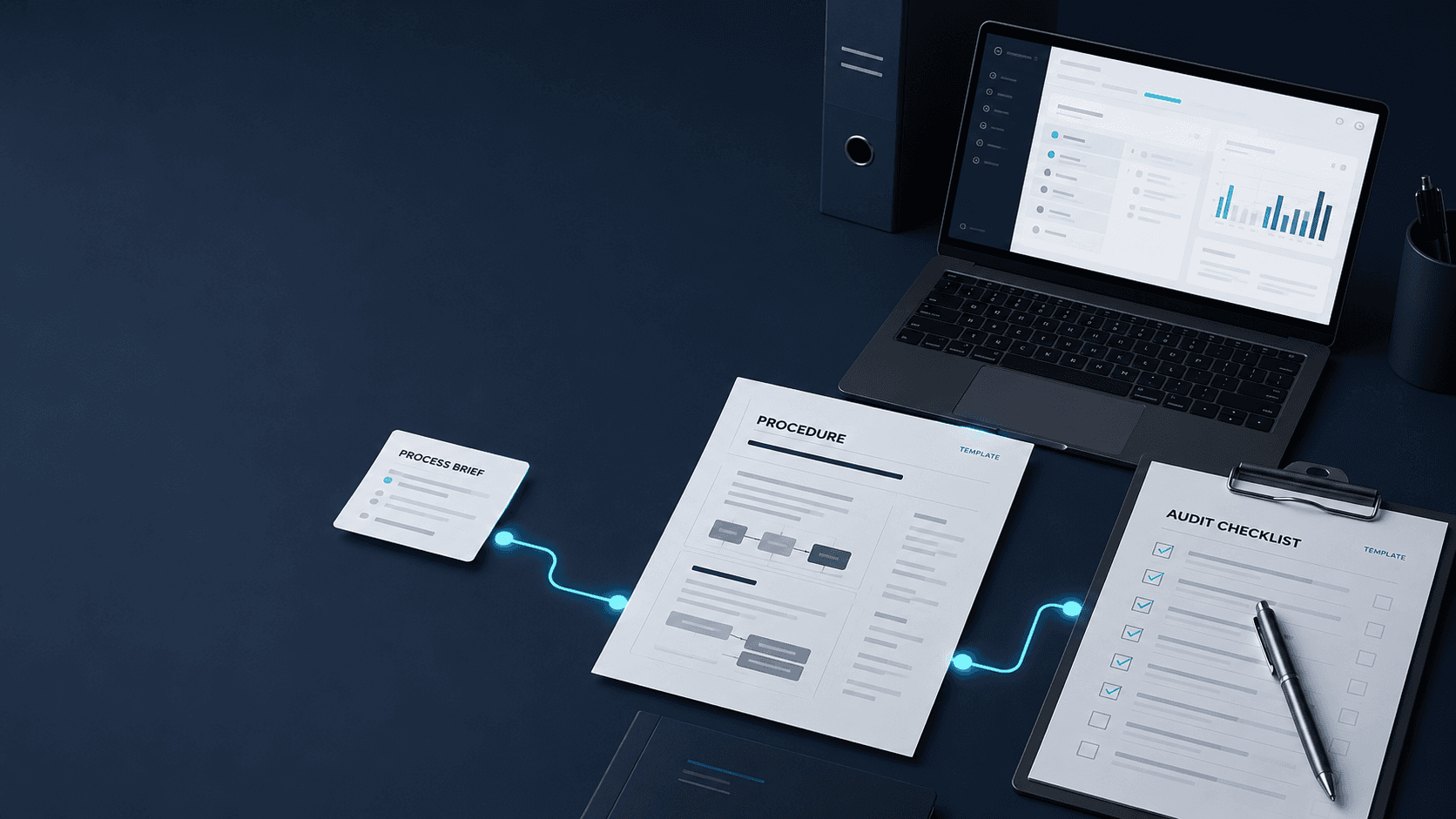 Quality process brief becoming a procedure and internal-audit checklist in the Conformly workspace