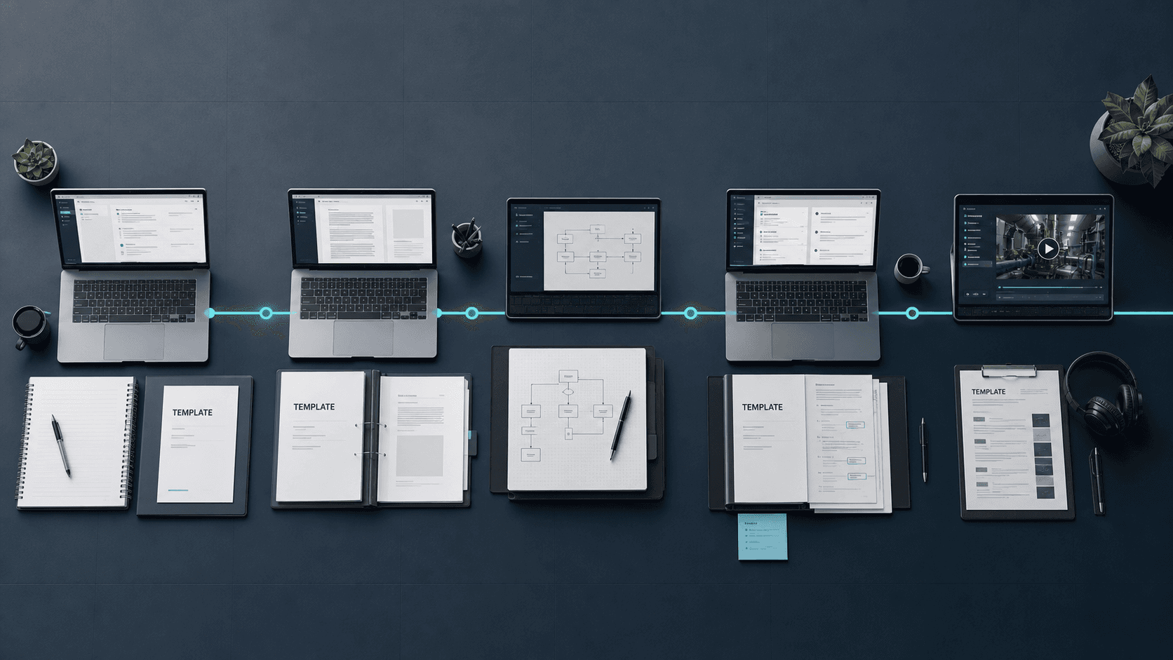Five linked stages from quality process brief to document, diagram, revision and video
